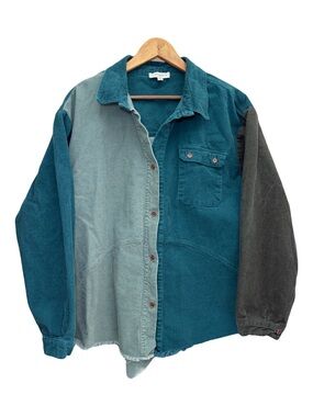 Umgee Colorblock Corduroy Button-Up Shirt Teal Green XL Oversized Distressed